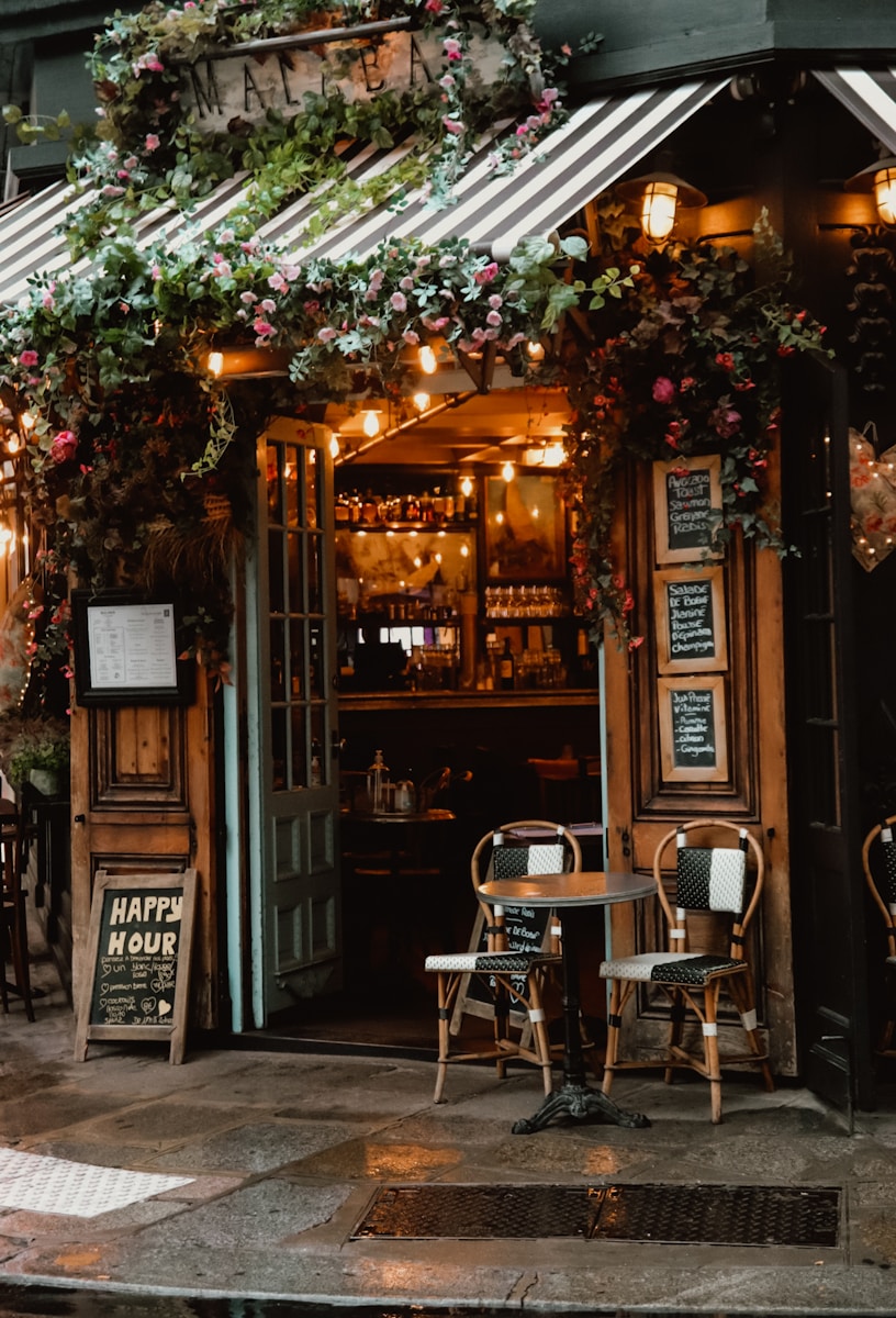 Happy Hour in Paris restaurant with lighted string lights